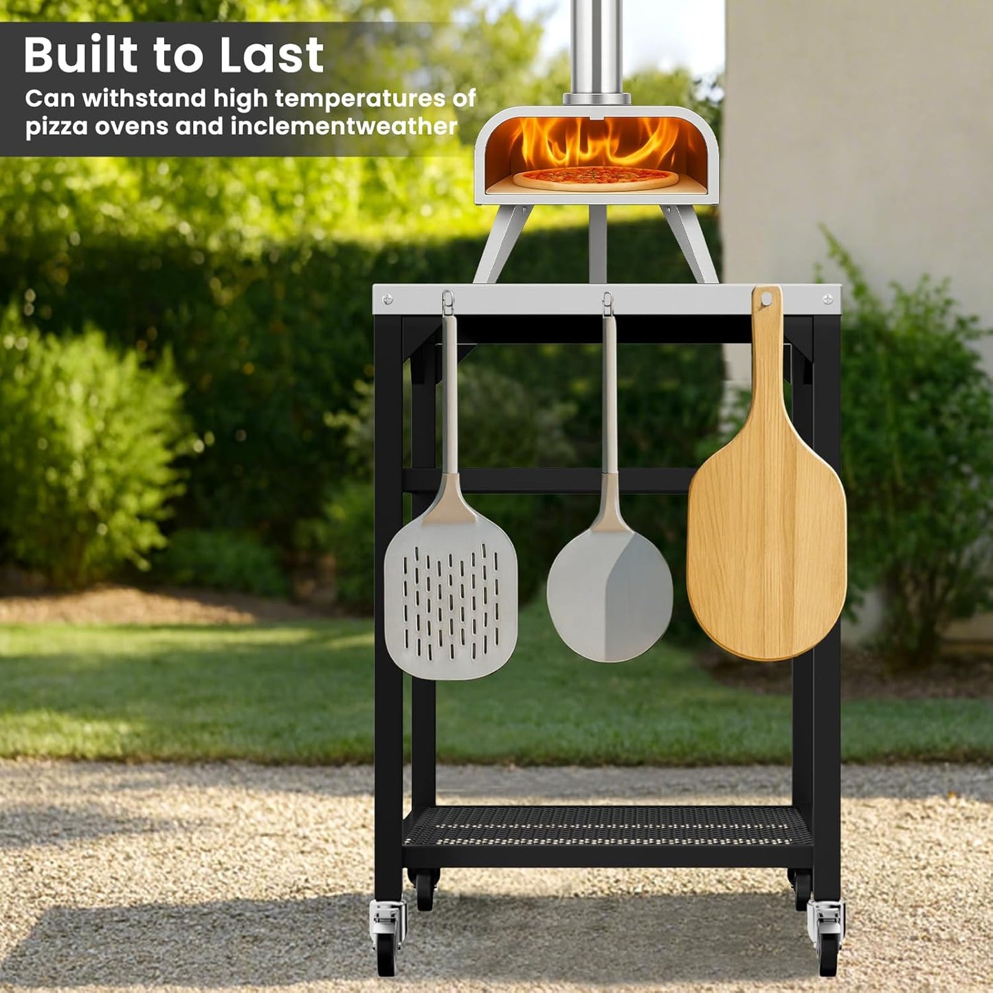 Pizza Oven Table for Ninja Woodfire, Blackstone, Cuisinart, 32x24 Inch Stainless Steel Outdoor Grill Prep Cart with Hooks, Portable Food Station