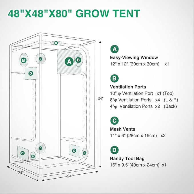 Yesker 4x4 Grow Tent 48"x48"x80" High Reflective Mylar Indoor Growing Tents 600D Oxford Cloth with Observation Window and Removable Floor Tray for Hydroponics Indoor Plants Fruit Flower Veg Growing