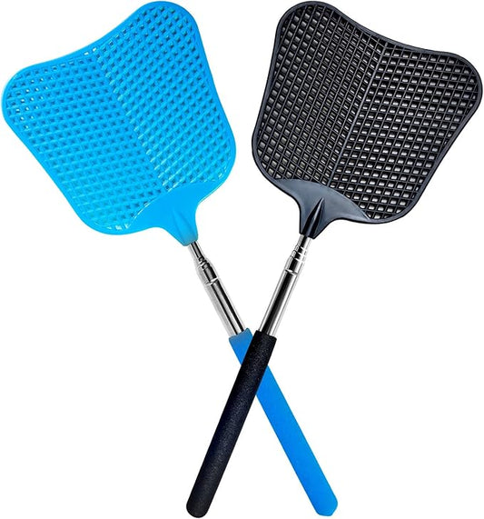 Fly Swatter, Flexible and Durable Telescopic Stainless Steel Retractable Handle ，Manual Fly swatters for Home,Garden,Classroom and Office (2Pcs Black& Blue)
