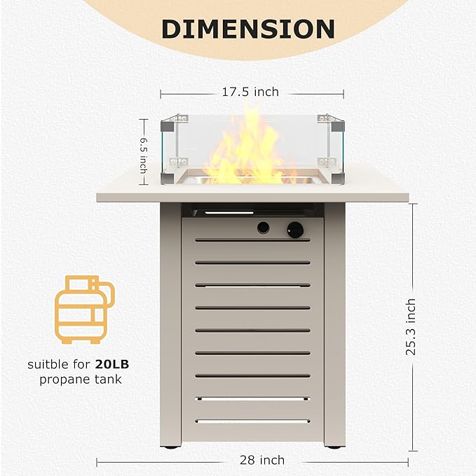 MBY 28'' Propane Fire Pit Table, 50,000 BTU Steel Gas Firepit for Outdoor Patio Deck and Garden, CSA Certified Fire Pit with Lid, Waterproof Cover, Glass Wind Guard and Lava Rock, Beige