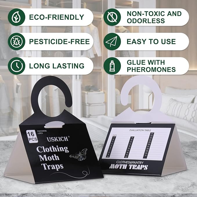 USKICH Clothes Moth Traps with Strength Pheromones |Sticky Glue Trap for Closets and Carpet Moths |Clothing Moth Traps for Feathers, Fur, Wool |Lure, Trap and Kill Case-Bearing Webbing Moths(16 Pack)
