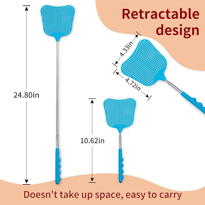 Fly Swatters 2 Pack, Durable Telescopic Stainless Steel Handle, Heavy Duty Blue Bug Zapper Racket, Upgraded Plastic Fly Swatter Set for Indoor Outdoor Home Hiking Camping Garden