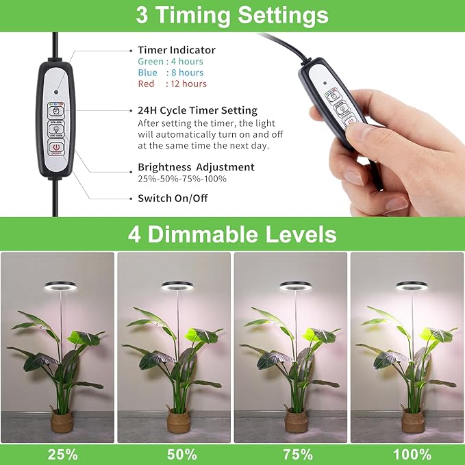 LBW Grow Lights for Large Indoor Plants, 144 LEDs Full Spectrum Plant Light, Growing Lamp with 4 Dimmable Levels, 4/8/12H Timer, 59in Height Adjustable, Halo Plant Lamp for Tall Plants, Black, 2 Pack