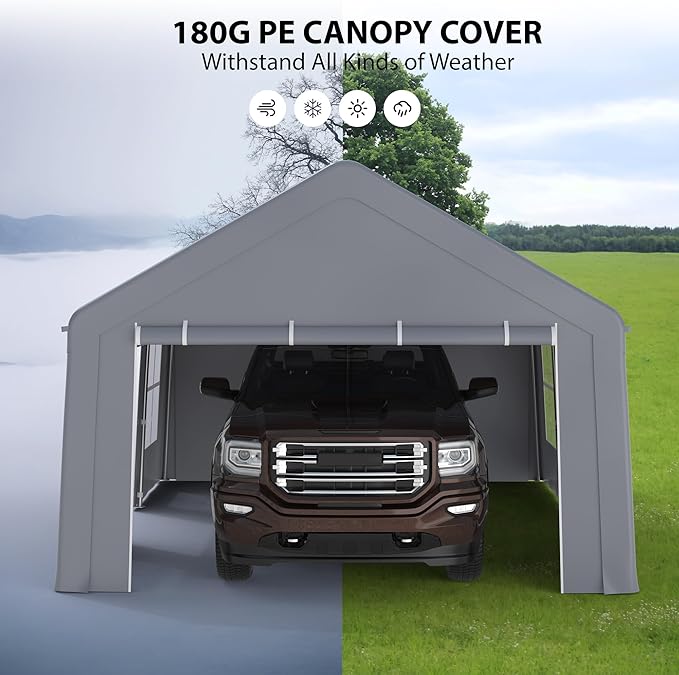 13'x20' Heavy Duty Carport Portable Garage, Outdoor Car Port with 180 g PE All-Season Waterproof Canopy 3 Roll-up Doors and 5 Windows for Car, Truck, SUV, Boat, Gray