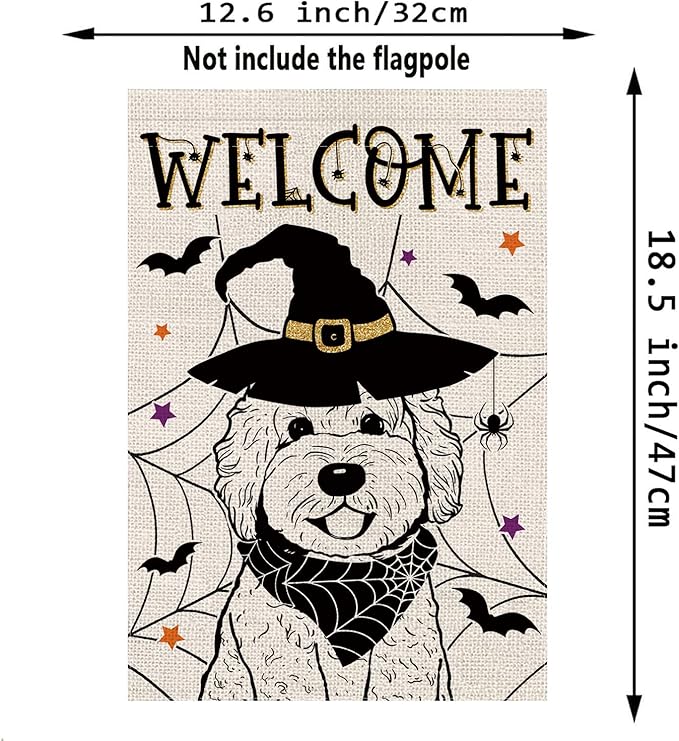 Halloween Garden Flag Golden Doodle Cobweb Bats Double Sided Vertical Welcome Flag Holiday Outdoor Yard Lawn Decorations 12.5 x 18 Inch