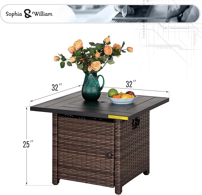 Sophia & William 32 Inch Gas Fire Pit Table Outdoor Rattan Propane Fire Table & Fireplace with Fire Glass, Lid, 50,000 BTU Firepits for Outside Patio