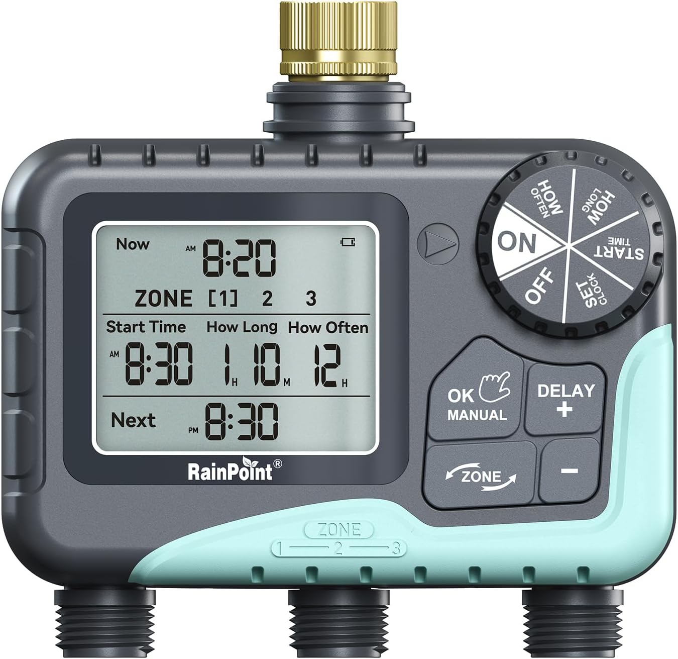 RAINPOINT 3 Zone Sprinkler Timer with Brass Inlet, Water Timer for Garden Hose,Rain Delay/Manual/Automatic Watering System, Hose,Hose Timers for Watering with IP65 Waterproof, Large LCD for Yard