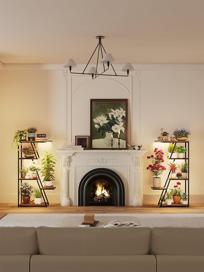 Plant Stand Indoor with Grow Lights: 5 Tier Small Corner Shelf Metal Tower Lighted Black Modern Display Rack for Living Room Bedroom Office