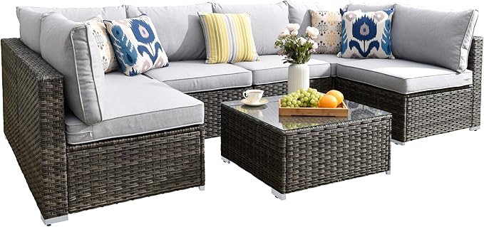 HOOOWOOO 7 Piece Patio Sectional Furniture Set,Modern Wicker Outdoor Conversation Sofa Sets,Weather Resistant Modular L Shaped Outside Couch Table Set(Light Grey)
