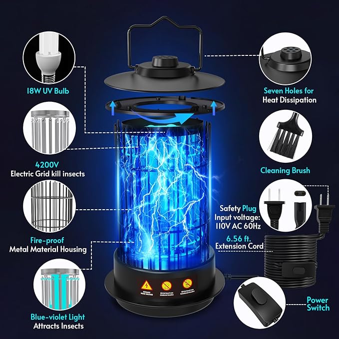 Bug Zapper - Bug Zapper Outdoor & Indoor with Switch Fly Zapper 4200V Extension 6.56 Ft Cord Mosquito Zapper Outdoor Mosquito Killer Fly Traps Insect Killer for Backyard Patio Home Camping, Plug-in