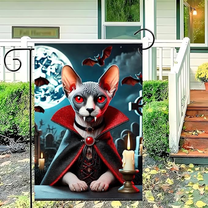 Halloween Garden Flag 11.81 x 17.72 Inch Vampire Sphynx Cat with Red Eyes Fangs Bats Full Moon and Graveyard Outdoor Yard Decoration for Holiday Party