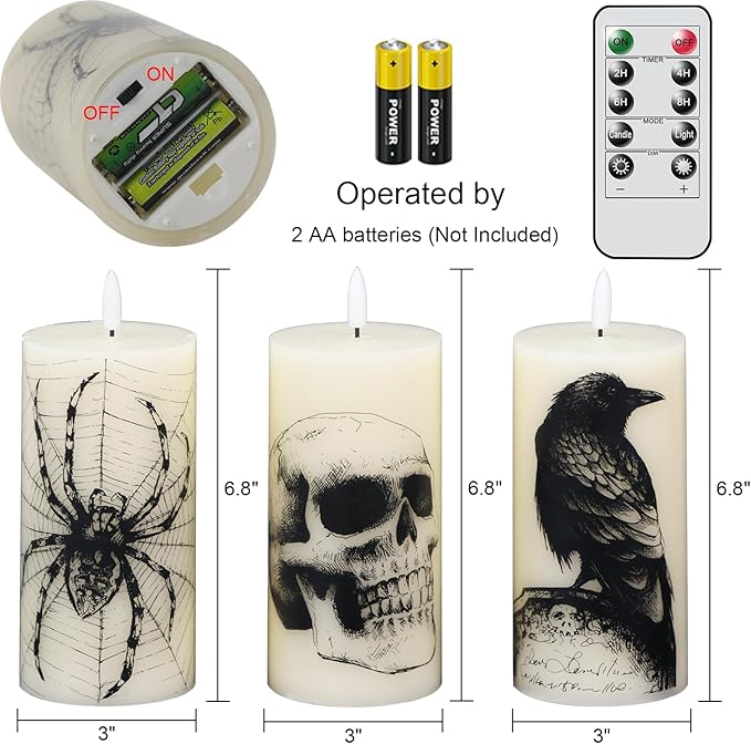 Eldnacele Halloween Flickering Candles Remote with Skull, Spider Web, Crow Raven Decals Set of 3, Battery Operated Halloween Themed LED Candles Horror Spooky Decoration