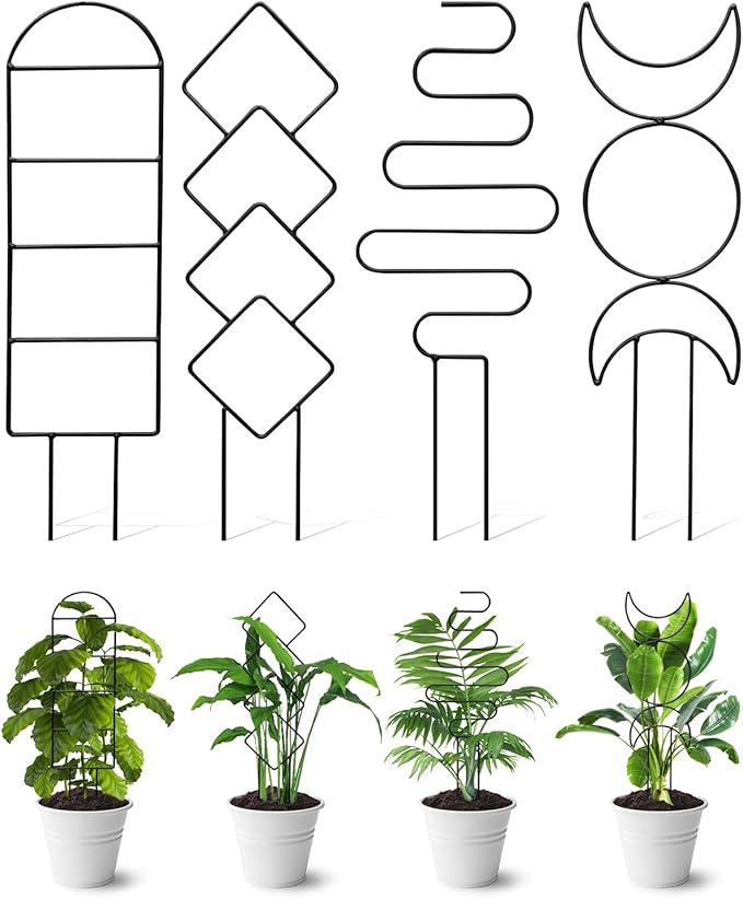 4 Pack Indoor Climbing Plant Trellis, Small Trellis for Potted Plants Outdoor, Metal Garden Trellis Plant Support Trellis with Different Patterns for Vine Ivy Flower (Black)
