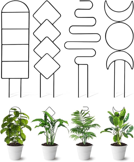 4 Pack Indoor Climbing Plant Trellis, Small Trellis for Potted Plants Outdoor, Metal Garden Trellis Plant Support Trellis with Different Patterns for Vine Ivy Flower (Black)