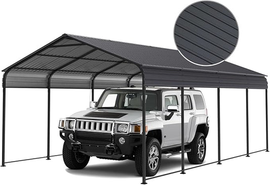 12x20x8.7 FT Carport with Galvanized Steel Roof, Heavy Duty Metal Carport Canopy, Car Shelter Garage for Pickup, Boat, Car and Tractors, Grey