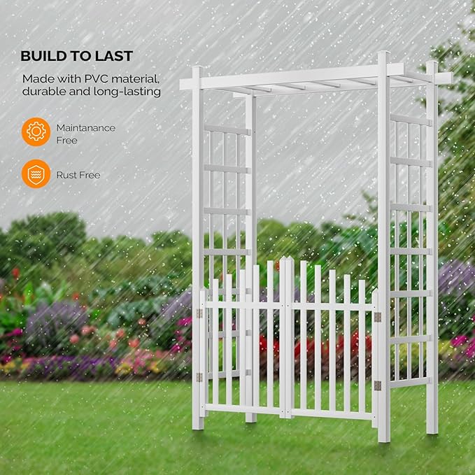 VINGLI Garden Arbor with Gate, PVC Wedding Arch for Ceremony Party, Garden Trellis for Climbing Plants Outdoor, Arch Backdrop Stand for Garden, Backyard, Lawn, Wedding