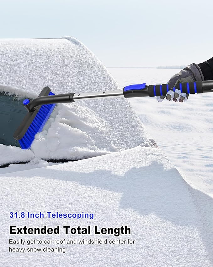 SEAAES Ice Scraper with Snow Brush for Car Windshield, Upgraded Extendable Snow Brush with Foam Grip for Truck SUV Vehicle Window - Blue
