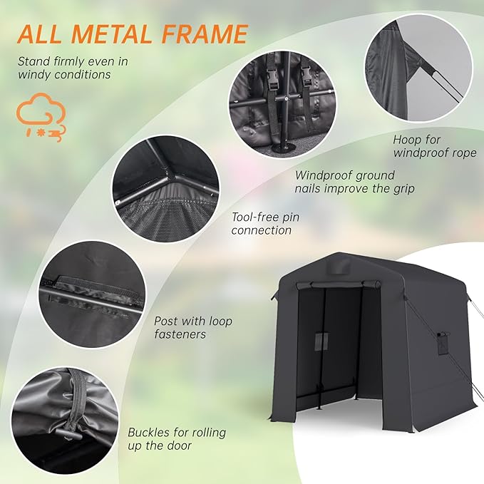 6x8 ft Outdoor Storage Shelter Shed with Roll-Up Zipper Doors & Mesh Windows, Portable Waterproof Storage Tent for Motorcycle, Bike, Firewood, Lawn Mowers, Garden Tools (Black)