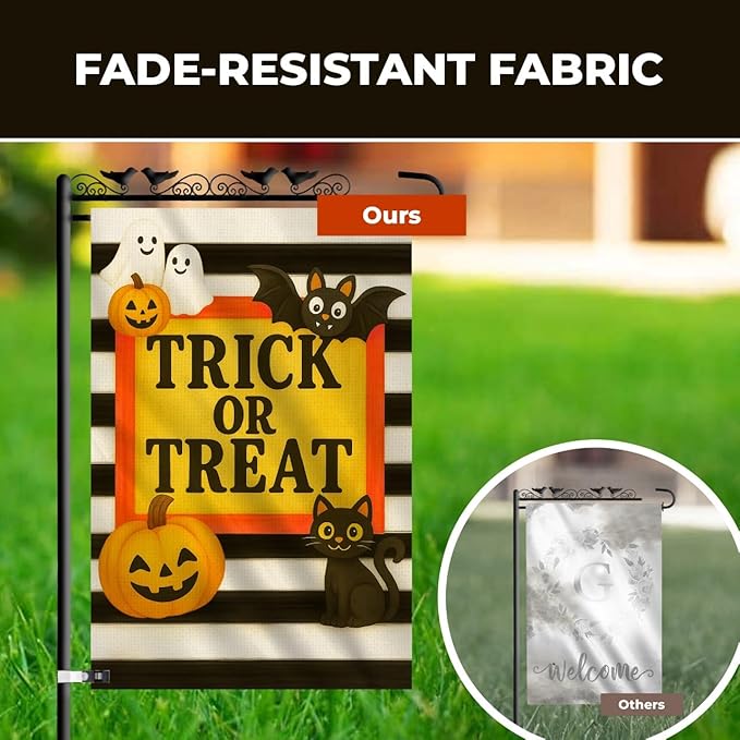 Halloween Garden Flag 12x18 Double Sided – Trick or Treat Yard Flag with Pumpkins, Ghosts, Bat, Cat – Fall Outdoor Burlap Halloween Flag for Garden or Lawn