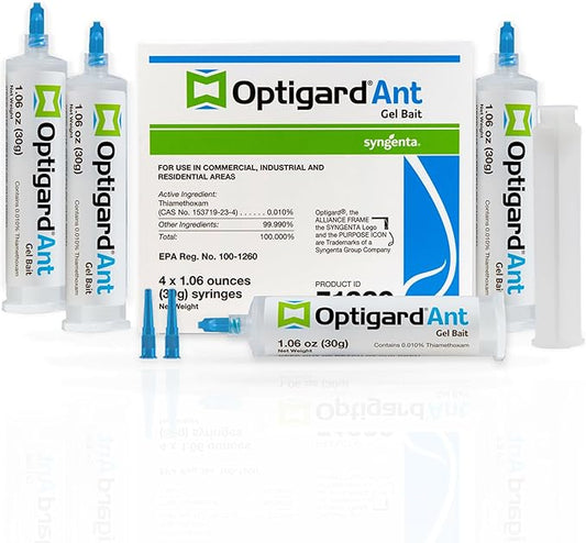 Optigard Ant Gel Bait, 4 Tubes x 30-Grams, 1 Plunger and 2 Application Tips, Effective Ant Bait, Formulated with 0.01% Thiamethoxam, Indoor and Outdoor Use, Ant Killer Gel for Most Major Ant Species