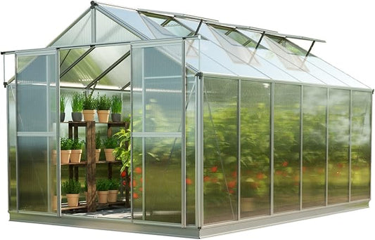 Greenhouse Topas 6 Aluminum Frame 7.4 x 12.6 ft Approx. 6 mm Polycarbonate Panels - with Bonus Base Frame and Automatic Vent Opener