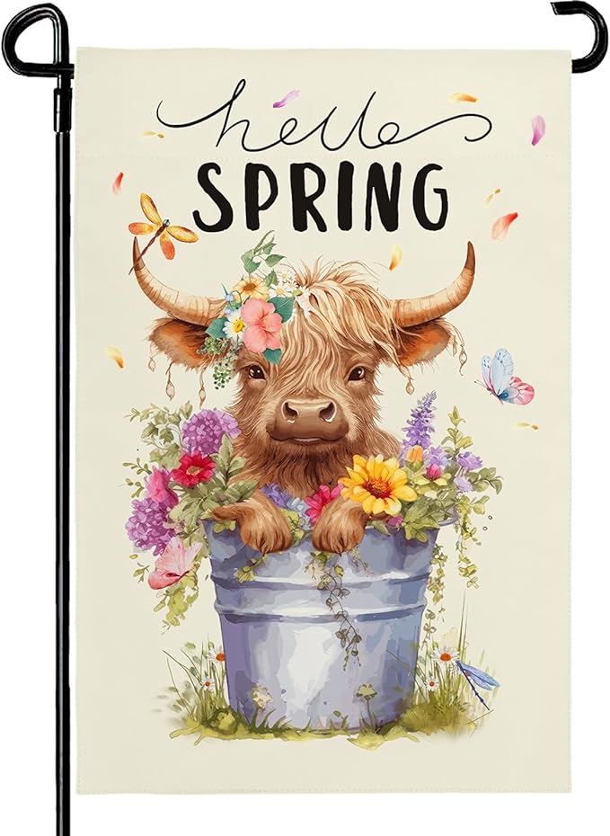 Hello Spring Garden Flag Highland Cow Polyester Yard Flag Double Sided Vertical 12x18 Inch Farmhouse Butterfly Floral Garden Flags Rustic Daisy House Banner for Seasonal Outdoor Decoration