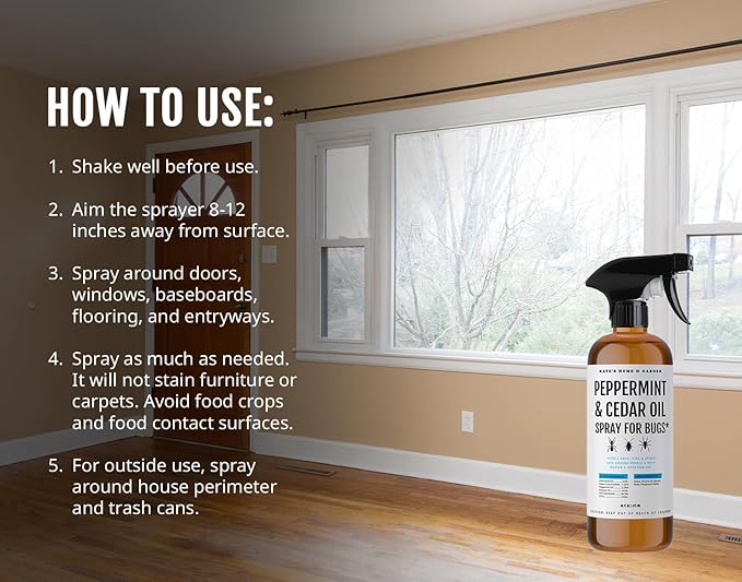 Kate's Home & Garden Peppermint Oil Spray for Bugs, Ants, Insects, Spiders. Pesticide and Insecticide Indoor Repellent Pest Control with Cedarwood Oil (16oz, Natural, Pet Safe, Non Toxic)