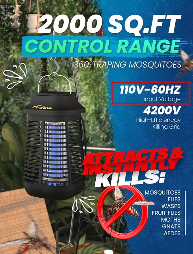 Bug Zapper 4200V for Outdoor and Indoor, 9.84 Ft Power Cord with Switch, Waterproof Electric Mosquito Zappers(3rd Generation), Mosquito lamp, Electronic Bug Zapper Light Bulb