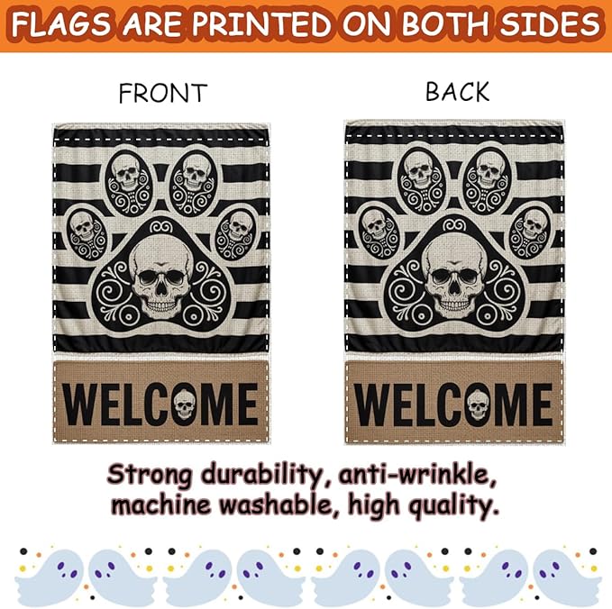 Fokongna Halloween Welcome Garden Flag, Dog Paw Print Skeleton Halloween Decor Garden Flag, 12x18 Inch Burlap Vertical Double Sided Flags, for Home Yard Outside Decorations