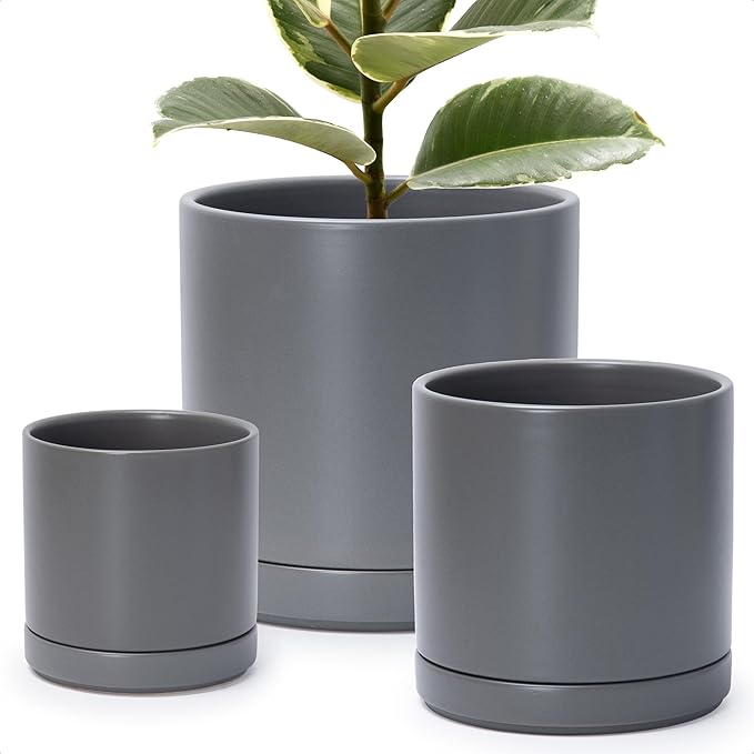 D'vine Dev 6 Inch & 8 Inch & 10 Inch, Set of 3 Round Ceramic Planter Pot with Drainage Hole and Saucer, Grey, 94-T-L-3