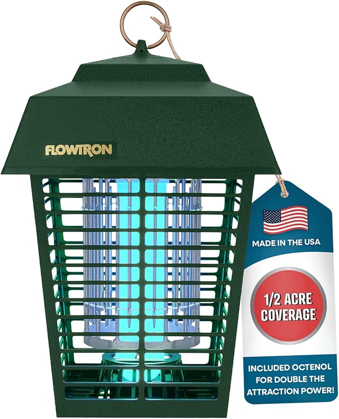 Flowtron Electric Bug Zapper 1/2 Acre Outdoor Insect Control with Dual Lure Method, 15W UV Light & Octenol Attractant for Fly & Mosquito, 5600V Kill Grid, Made in USA, UL Certified - Green Color