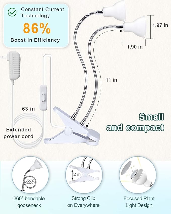 DOMMIA Grow Lights for Indoor Plants,Full Spectrum Grow Light with Warmwhite Red LED,Dual Head Clip Plant Light for Indoor Plants,Manual ON/Off Switch,Adjustable Gooseneck Plant Light for Houseplants