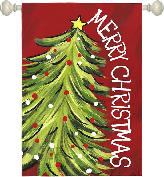 Merry Christma Garden Flag Xmas Tree Yard Flag Winter Wall Banners Red Green Trees Double Sided Vertical House Banner for Rustic Farmhouse Seasonal Outdoor Decoration 28 x 40 Inch