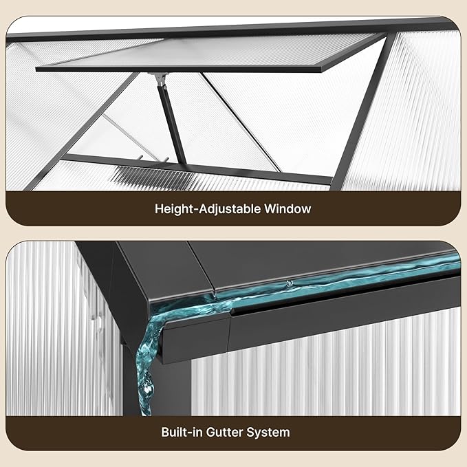 Gizoon 8x6 FT Outdoor Greenhouse, Quick Setup Polycarbonate Greenhouse with Adjustable Roof Vent and Sliding Door, Aluminum Walk-in Greenhouses for Outside Backyard Gardening (Black, 8x6FT)