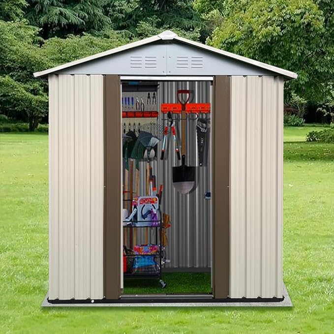 Ball & Cast 5x3 FT Outdoor Storage Shed, Metal Sheds with Punched Vents and Sliding Door, Waterproof Garden Tool Shed with Aluminum Frames and Sloped Roof for Backyard Patio,Cream White