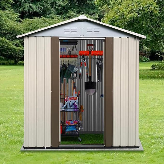Ball & Cast 5x3 FT Outdoor Storage Shed, Metal Sheds with Punched Vents and Sliding Door, Waterproof Garden Tool Shed with Aluminum Frames and Sloped Roof for Backyard Patio,Cream White