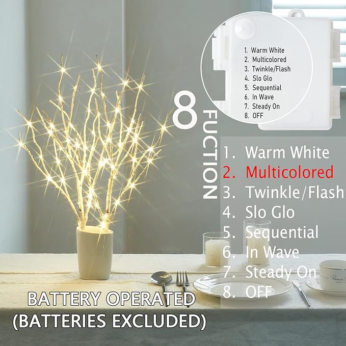 Fudios Lighted Birch Branches with 70 Multicolor LED Fairy Lights 18in Battery Operated, Lit White Twig Branches Color Changing Lights for Christmas Party Decoration