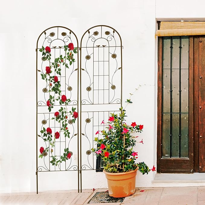 2 Pack Metal Garden Trellis for Climbing Plant Rose Stand, Brown Outdoor 86.7" Tall Flower Support Iron Garden Fence (Brown 86.7" H