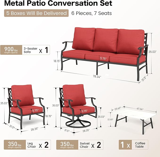 6 Piece Metal Outdoor Patio Furniture Set, Patio Conversation Sets 1 3-Seater Sofa, 2 Swivel Chair, 2 Leg Chair with 5.75" Thick Cushion and Coffee Table, Backyard Furniture Set, Red