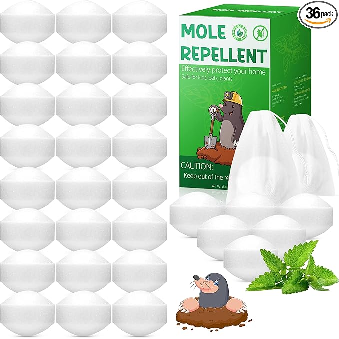 36 Pack Mole Repellent, Long-Lasting Protection for Gardens Yards, Waterproof Rodent Repellent for Gopher, Groundhog, Vole, Chipmunk, Skunk, Armadillo, Outdoor Mole Deterrent, Safe for Humans & Pets