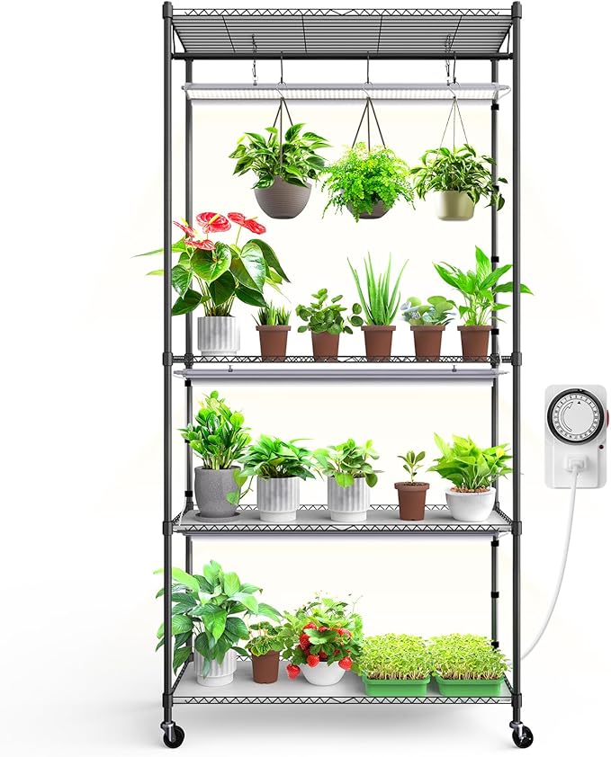 Barrina CX3 Plant Stand with Grow Light, 4-Tier, 3FT 5000K 36W(Per Light), Full Spectrum, Indoor DIY Plant Shelf with Light, Flower Pot Stand Display Rack, 35.4"x13.8"x70.9", Wheel, Mechanical Timer