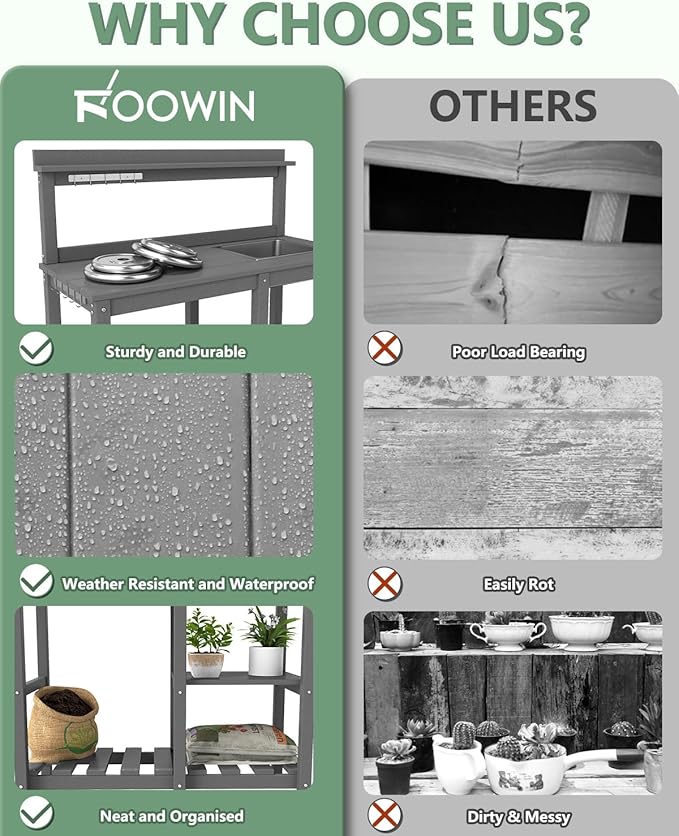 FOOWIN Potting Bench, HDPE Outdoor Potting Table with Sink, All-Weather Potting Benches for Outside, Gardening Table with Storage Shelf, Hook, for Garden, Patio, Lawns, Grey
