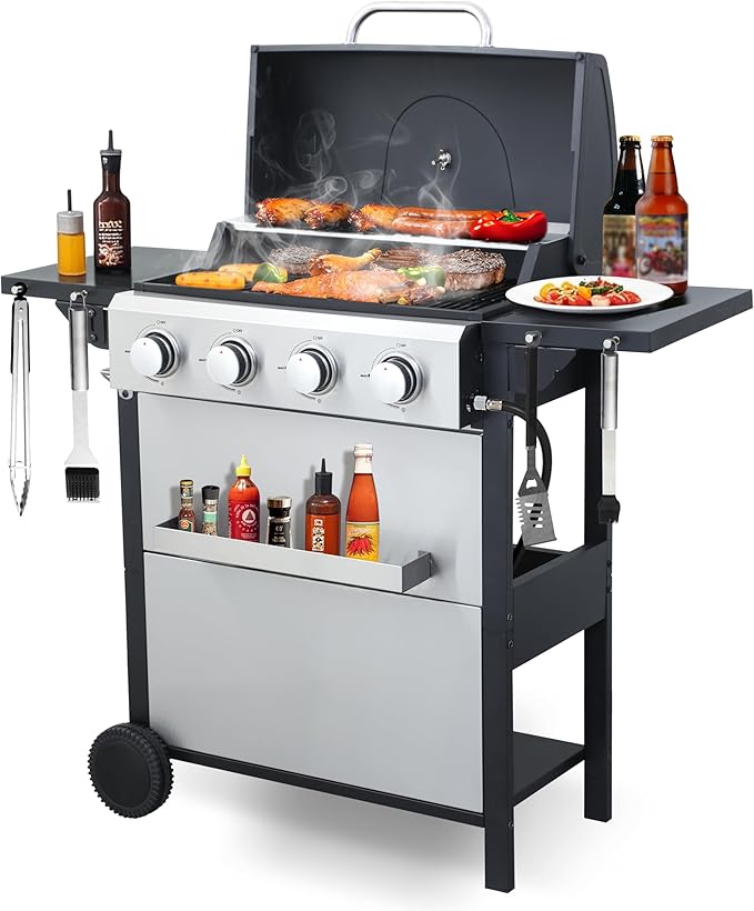4-Burner Propane Gas Grill with 2 Foldable Side Tables, 34,200 BTU Outdoor BBQ Grill with Porcelain-Enameled Flame Tamers, Built-in Thermometer, Easy Assembly for Patio, Backyard BBQ