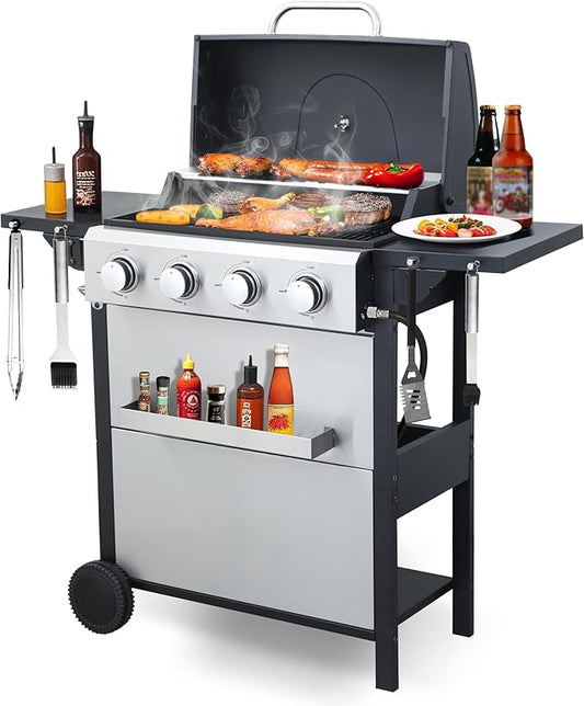 4-Burner Propane Gas Grill with 2 Foldable Side Tables, 34,200 BTU Outdoor BBQ Grill with Porcelain-Enameled Flame Tamers, Built-in Thermometer, Easy Assembly for Patio, Backyard BBQ