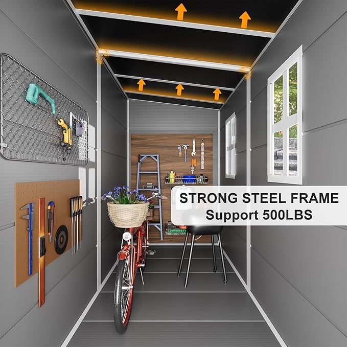 Restland 8x4 FT Resin Storage Shed with Floor & Adjustable Window Outdoor Weather-Resistant Plastic Sheds for Backyard, Garden, Lawn (Light Grey)