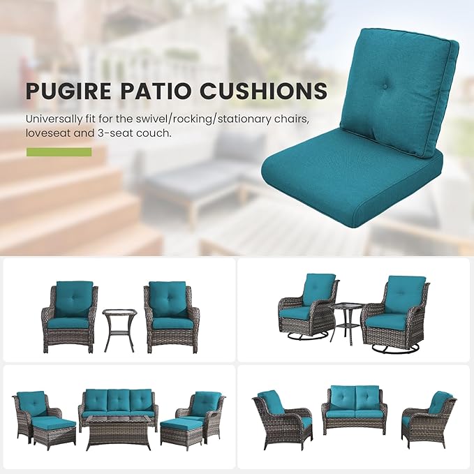 Outdoor Chair Cushions for Patio Furniture - 1 Pack Outside High Back Thick Water-Resistant Cushion 22x24 with Zipper Cover for Wicker Glider Rocking Chairs Loveseat Couch – Peacock Green/Buckle