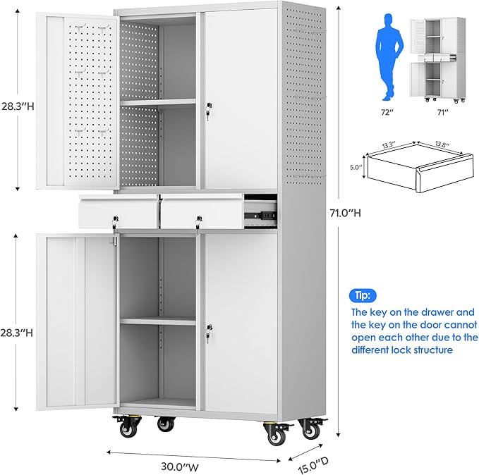 71" H Metal Garage Storage Cabinet with Wheels,Tool Storage Cabinet with Pegboard,2 Drawers and Lockable Doors for Garage, Warehouse,Home,Required Assembly,Grey and White