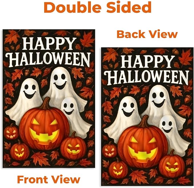 Halloween Garden Flag 12x18 Double Sided Burlap – Fall Outdoor Yard Flag with Pumpkins and Ghosts, Durable Seasonal Decoration