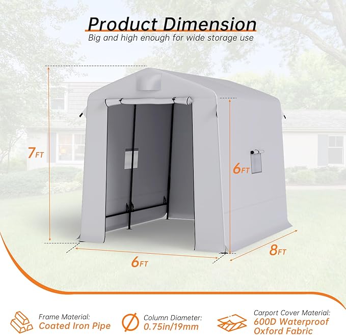 6x8 ft Outdoor Storage Shelter Shed with Roll-Up Zipper Doors & Mesh Windows, Portable Waterproof Storage Tent for Motorcycle, Bike, Firewood, Lawn Mowers, Garden Tools (Gray)