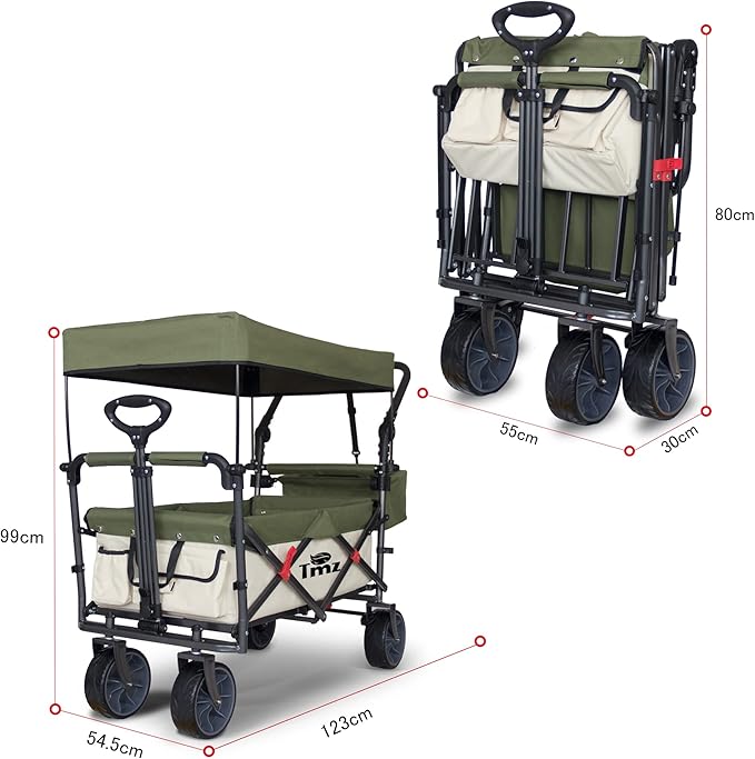 TMZ Collapsible Folding Outdoor Utility Wagon with Removable Canopy - 265lbs Heavy Duty Trolley with Rubber Wheels, Adjustable Handles, Rear Basket, for Shopping, Picnic, Camping (Beige/Green)